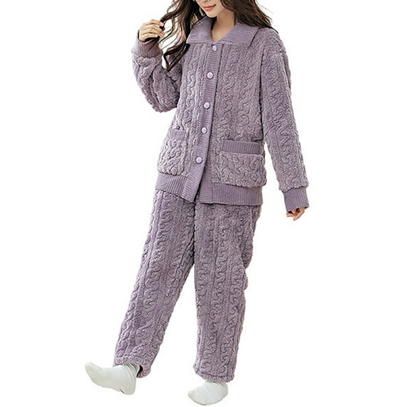 DeHolifer Pajamas Set for Women Long Sleeve Soft Solid Casual Button Fleece Coat and Long Pants 2 Piece Plush Sleepwear Lounge Sets Purple M