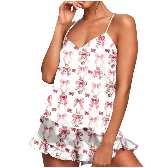 DeHolifer Pajamas Sets for Women Cute Floral Printed V-Neck Tank Top and Shorts Soft 2 Piece Lounge Set White S