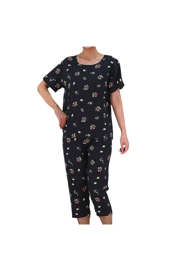 DeHolifer Pajamas Sets for Women Plus Size Loungewear Floral Crewneck Short Sleeve Blouse + Capri Pants 2PCs Pajamas Sets Black 2XL