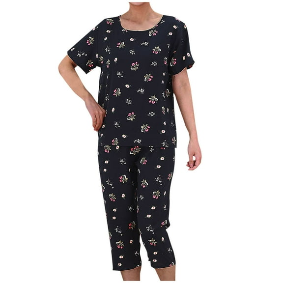 QQAMB Pajamas Sets for Women Plus Size Loungewear Floral Crewneck Short Sleeve Blouse + Capri Pants 2PCs Pajamas Sets Black XL