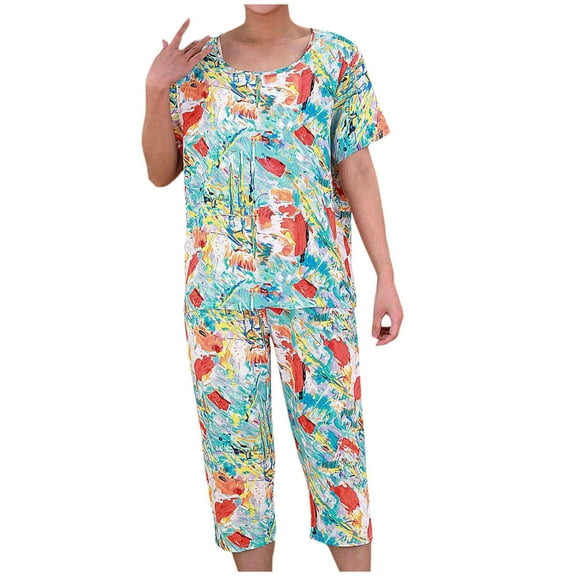 QQAMB Pajamas Sets for Women Plus Size Loungewear Floral Crewneck Short Sleeve Blouse   Capri Pants 2PCs Pajamas Sets Blue 2XL
