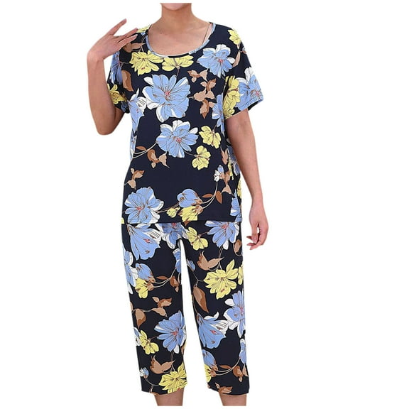 DeHolifer Pajamas Sets for Women Plus Size Loungewear Floral Crewneck Short Sleeve Blouse   Capri Pants 2PCs Pajamas Sets Blue 2XL