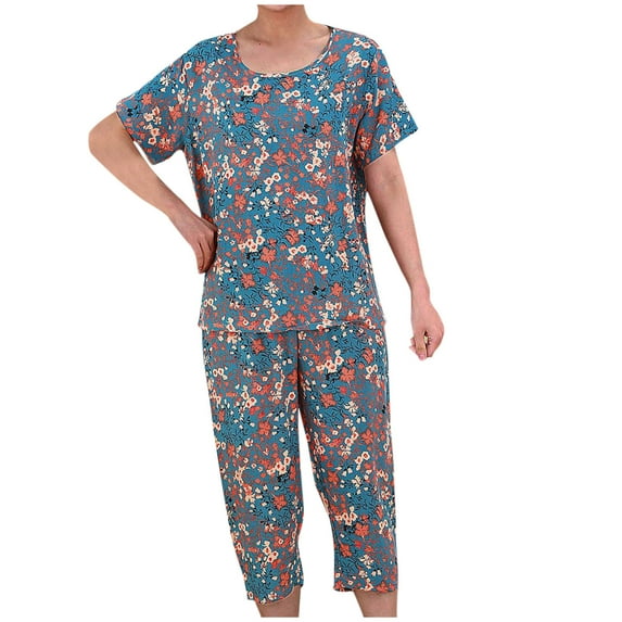 QQAMB Pajamas Sets for Women Plus Size Loungewear Floral Crewneck Short Sleeve Blouse + Capri Pants 2PCs Pajamas Sets Blue 3XL