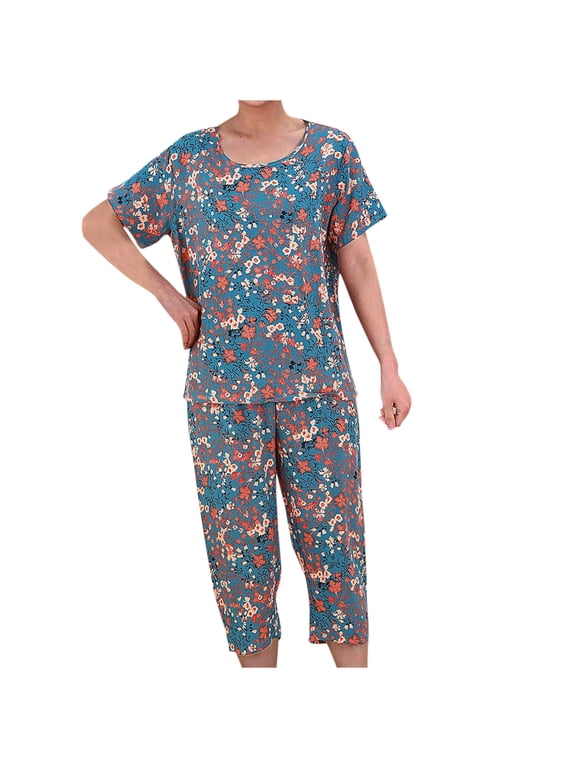 Pajamas Sets for Women Plus Size Loungewear Floral Crewneck Short Sleeve Blouse + Capri Pants 2PCs Pajamas Sets Blue XL