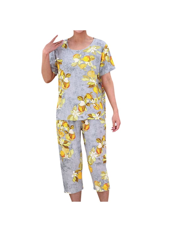 Pajamas Sets for Women Plus Size Loungewear Floral Crewneck Short Sleeve Blouse + Capri Pants 2PCs Pajamas Sets Gray 3XL