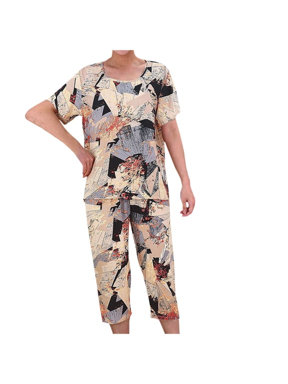 Pajamas Sets for Women Plus Size Loungewear Floral Crewneck Short Sleeve Blouse + Capri Pants 2PCs Pajamas Sets Khaki 2XL
