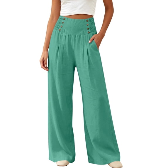 DeHolifer Pant for Women High Waisted Wide Leg Casual Lounge Boho Flowy Pants with Pockets Green 2XL