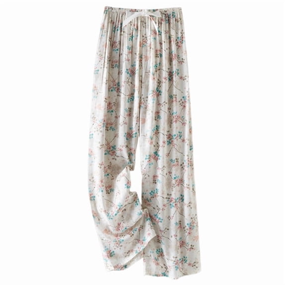 DeHolifer Pants for Women Cotton Floral Printed Elastic Casual Wide Leg Summer Full Length Pants with Pocket Multicolor Free Size