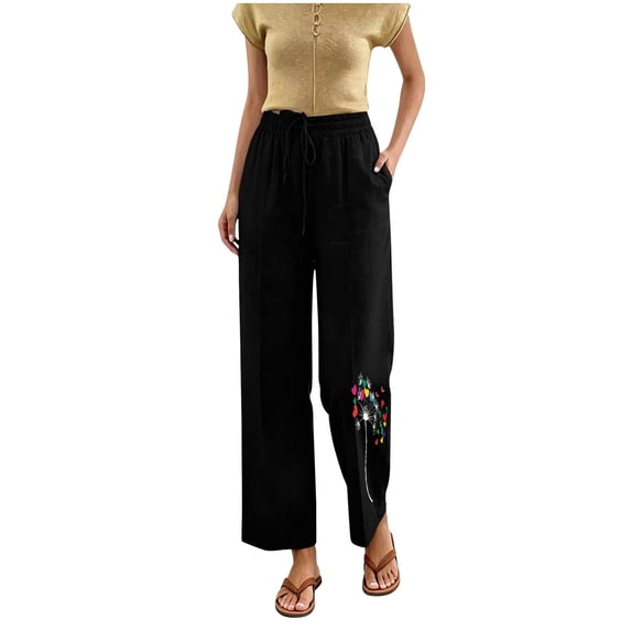 DeHolifer Pants for Women Cotton Linen Summer Casual Baggy Comfy Wide Leg Trousers Lounge Pants with Pocket Black L