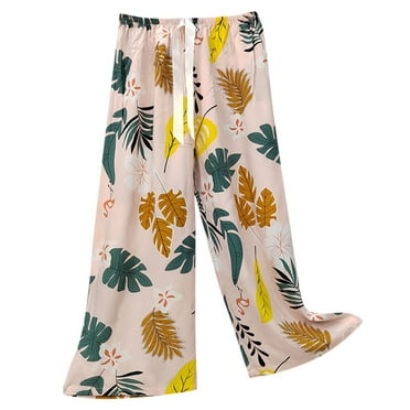 DeHolifer Pants for Women Elastic Waist Drawstring Wide Leg Floral Print Capri Pants Homewear Outwear Trousers Pink Free Size