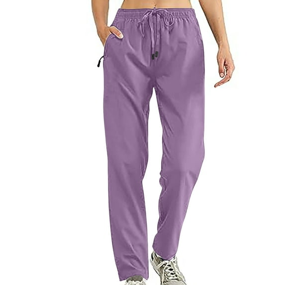 DeHolifer Pants for Women High Waist Elastic Solid Color Stretch Active Comfy Quick Drying Pants Drawstring Sport Trousers Purple 3XL