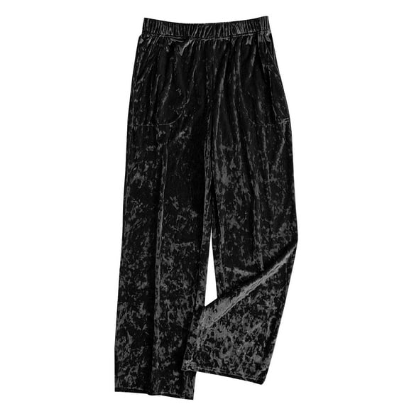 DeHolifer Pants for Women Plus Size Pleuche Elastic Waisted Wide Leg Solid Color Sports Casual Long Pants with Pockets Black XL