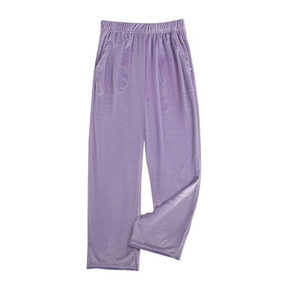 DeHolifer Pants for Women Plus Size Pleuche Elastic Waisted Wide Leg Solid Color Sports Casual Long Pants with Pockets Purple L