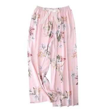 DeHolifer Pants for Women Wide Leg Drawstring Elastic Waist Cotton Floral Print Homewear Outwear Loose Pants Pink Free Size