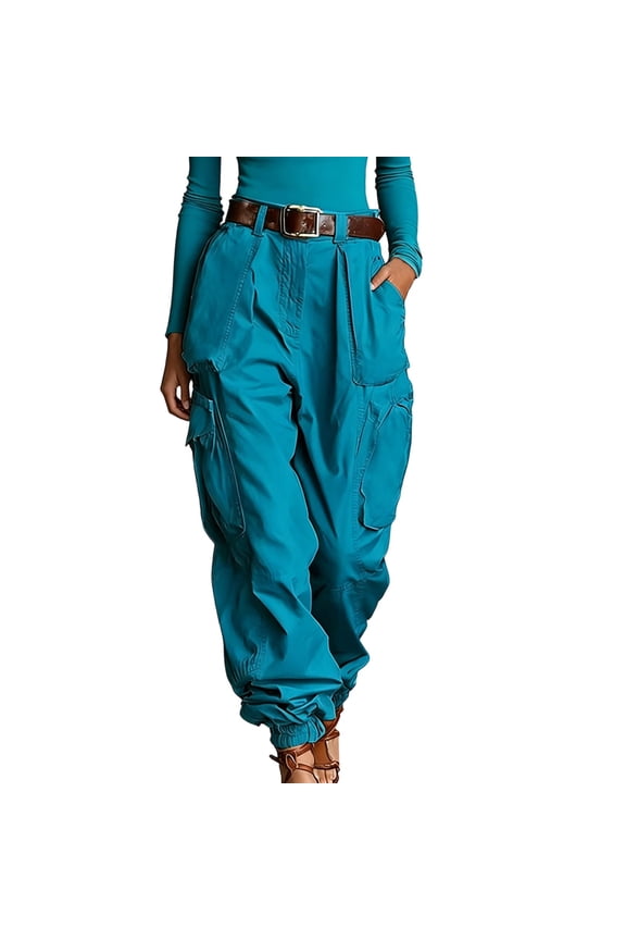 Plus Size Cargo Pants for Women High Waisted Wide Leg Pants Casual Pants with Pockets Sky Blue 2XL