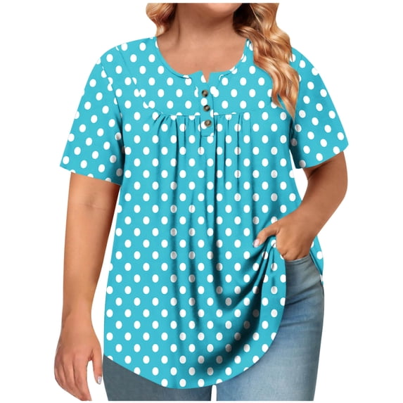 DeHolifer Plus Size T-Shirt for Women Ruffle Pleated Front Button Shirt Business Casual Printed Tunic Tops Sky Blue L