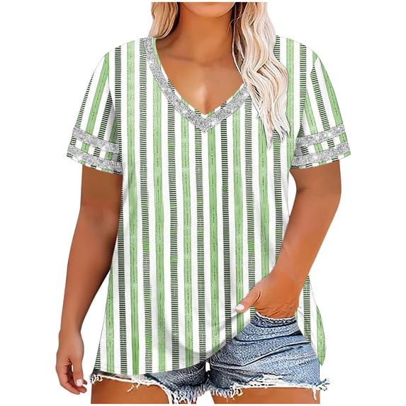 DeHolifer Plus Size Tops for Women V-Neck Raglan T-Shirt Short Sleeve Summer Shirts Casual Loose Tunic Blouse Green 4XL