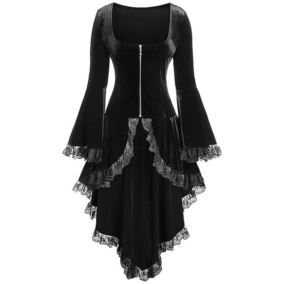 DeHolifer Renaissance Dress for Women Halloween Costume Gothic Vintage Flare Sleeve Dress Lace Stitching Dress Victorian Square Neck Zipper Dress Black L