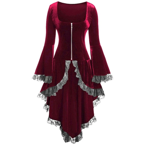QQAMB Renaissance Dress for Women Halloween Costume Gothic Vintage Flare Sleeve Dress Lace Stitching Dress Victorian Square Neck Zipper Dress Red S