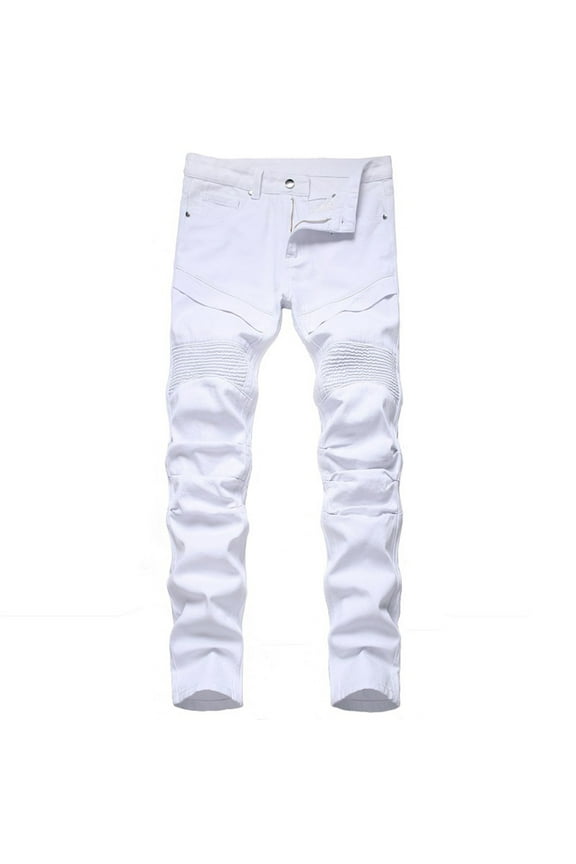 Ripped Jeans for Men Slim Denim Regular Fit Tapered Leg Distressed Destroyed Pants Mens Jeans with Hole White L(32)