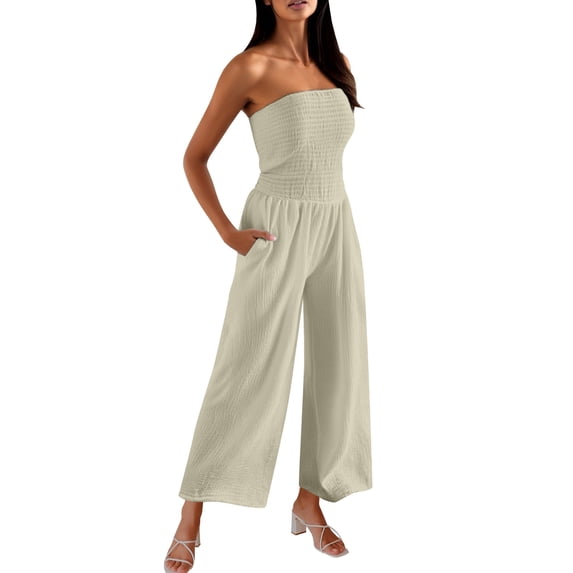 DeHolifer Rompers for Women Summer Sleeveless Wide Leg Pant Jumpsuits Loose Tube Top Romper Outfits with Pockets Beige M