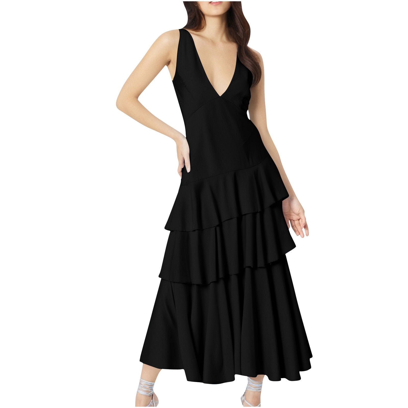 black ruffle tiered maxi dress Baltic Born Womens Tiana Tiered Maxi Dress | Black