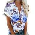thumbnail image 1 of QQAMB Shirt for Women Floral Print Turndown Collar Short Sleeve Button Loose Casual Blouse Shirt Purple L, 1 of 5