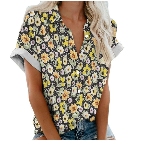 DeHolifer Shirt for Women Floral Printed Short Sleeve Lapel Button Casual Shirt Spring Fashion Blouse Tops Yellow L