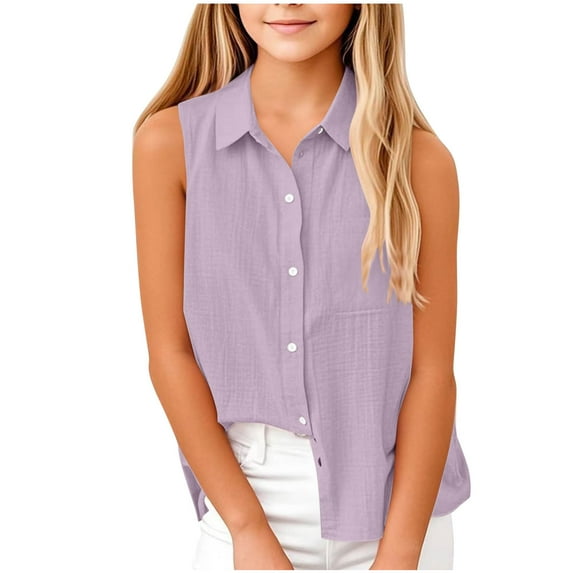 DeHolifer Shirts for Girls Button Down Solid Color Lapel Sleeveless Summer Loose Lightweight Casual Blouse Tops,Purple,7 Years