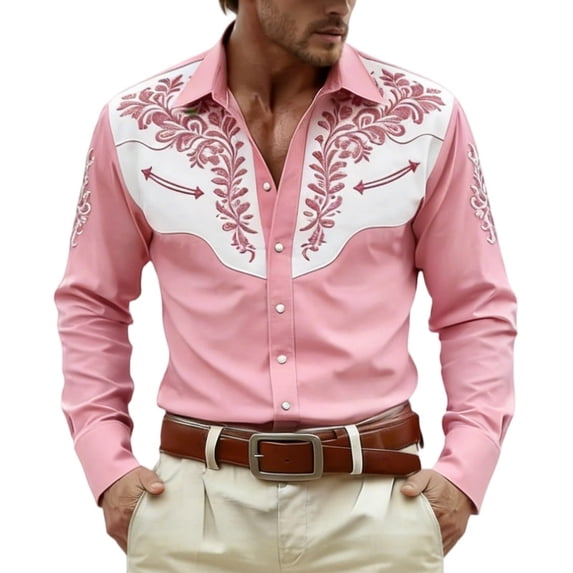 DeHolifer Shirts for Men Cowboy Pearl Snap Long Sleeve Embroidered Shirts Casual Work Button Down Outfits Pink L