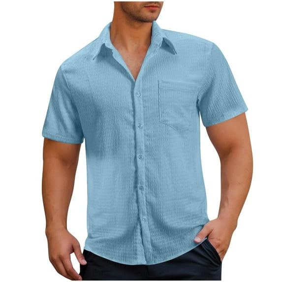 DeHolifer Shirts for Men Plus Size Solid Color Turndown Collar Button Up Short Sleeve Summer Loose Comfy Shirts Light Blue M