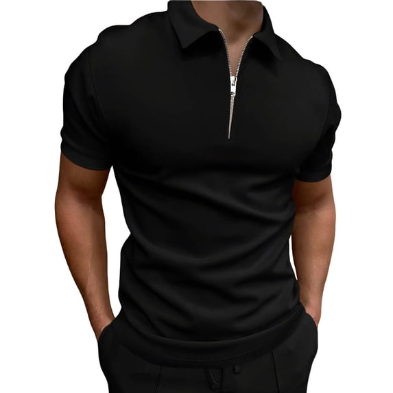 DeHolifer Shirts for Men Quarter Zip Casual Shirts Solid Color Short Sleeve Turndown Collared Shirts Black S