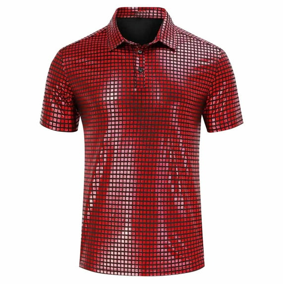 QQAMB Shirts for Men Solid Color Glitter Sequin Flip Collar Button Short Sleeve Dressy Shirts Blouse Tops Red XL