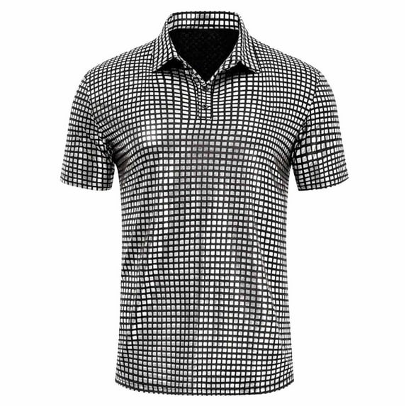QQAMB Shirts for Men Solid Color Glitter Sequin Flip Collar Button Short Sleeve Dressy Shirts Blouse Tops Silver M
