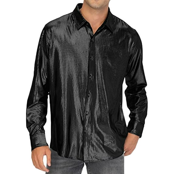 DeHolifer Shirts for Men Solid Color Sequined Satin Lapel Button Long Sleeve Casual Dance Party Shirt Black M