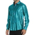 thumbnail image 1 of DeHolifer Shirts for Men Solid Color Sequined Satin Lapel Button Long Sleeve Casual Dance Party Shirt Blue M, 1 of 5