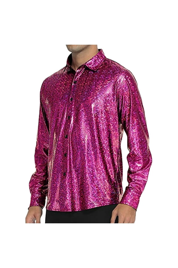 DeHolifer Shirts for Men Solid Color Sequined Satin Lapel Button Long Sleeve Casual Dance Party Shirt Hot Pink L