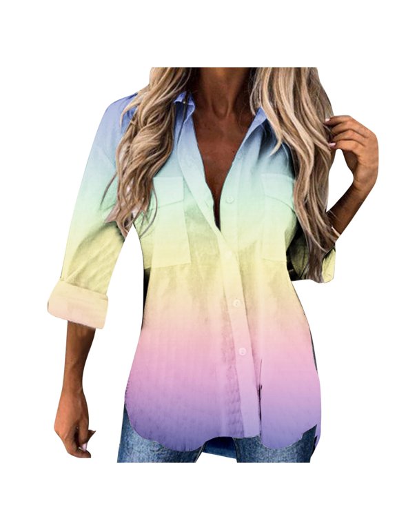 Shirts for Women 3/4 Sleeve Gradient Color Blouse Button Down V-Neck Blouse Cardigan Yellow XL