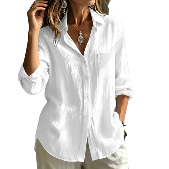 DeHolifer Shirts for Women Button Down Long Sleeve Dress Shirts Collared Blouses Work Casual Solid Tunic Tops White M