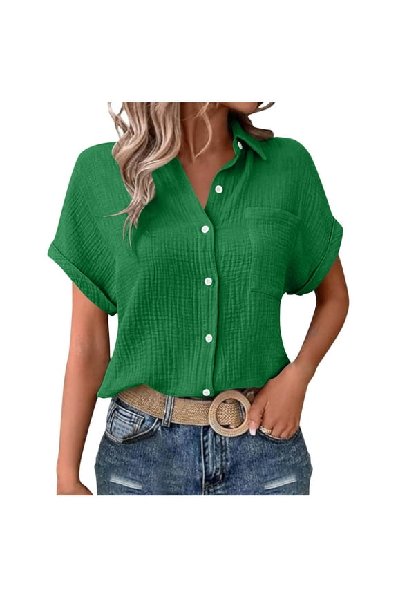 Shirts for Women Lapel Button Down Solid Color Short Sleeve Summer Loose Comfy Blouse Tops with Pocket Green L