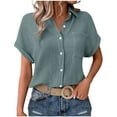 thumbnail image 1 of Shirts for Women Lapel Button Down Solid Color Short Sleeve Summer Loose Comfy Blouse Tops with Pocket Navy M, 1 of 7