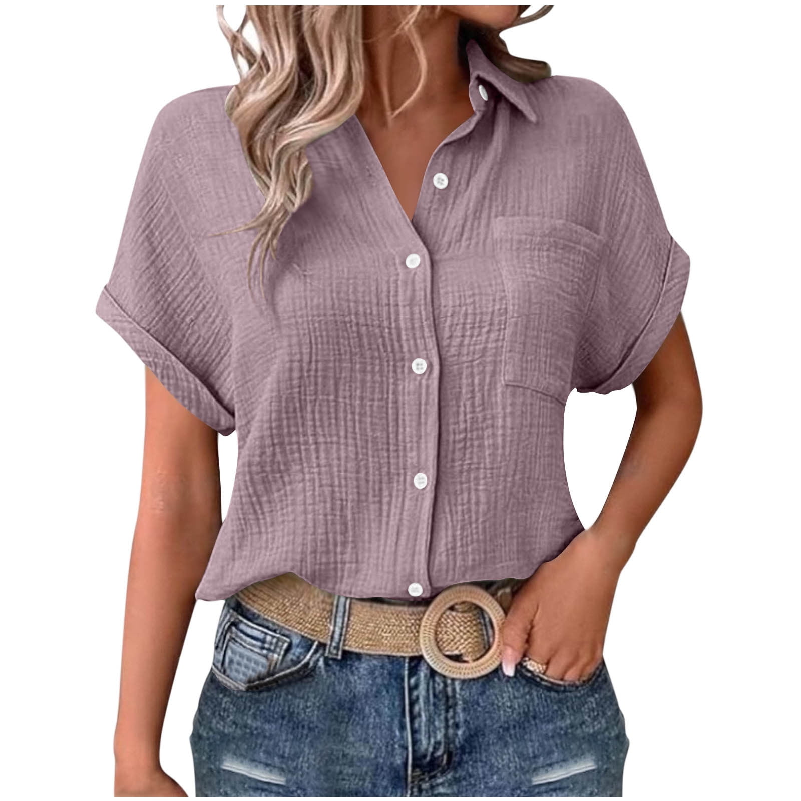 DeHolifer Shirts for Women Lapel Button Down Solid Color Short Sleeve ...