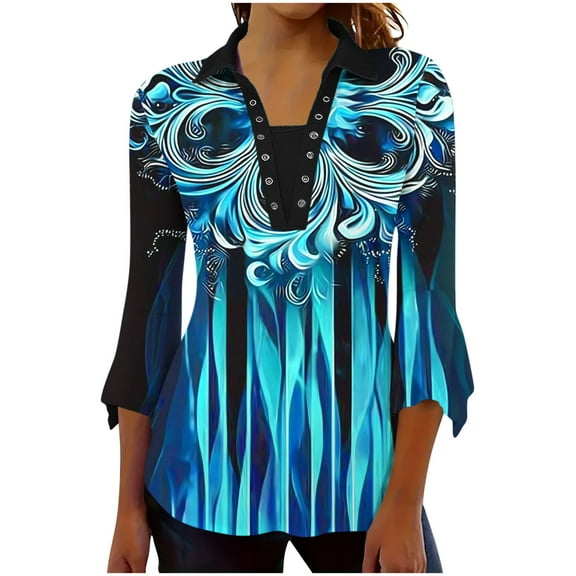 DeHolifer Shirts for Women V-Neck 3/4 Sleeve Lapel Button Novelty Printed Casual Dressy Blouse Tops Blue L