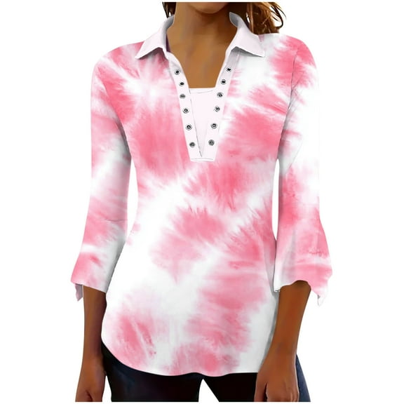 DeHolifer Shirts for Women V-Neck 3/4 Sleeve Lapel Button Tie Dye Printed Casual Dressy Blouse Tops Pink 2XL
