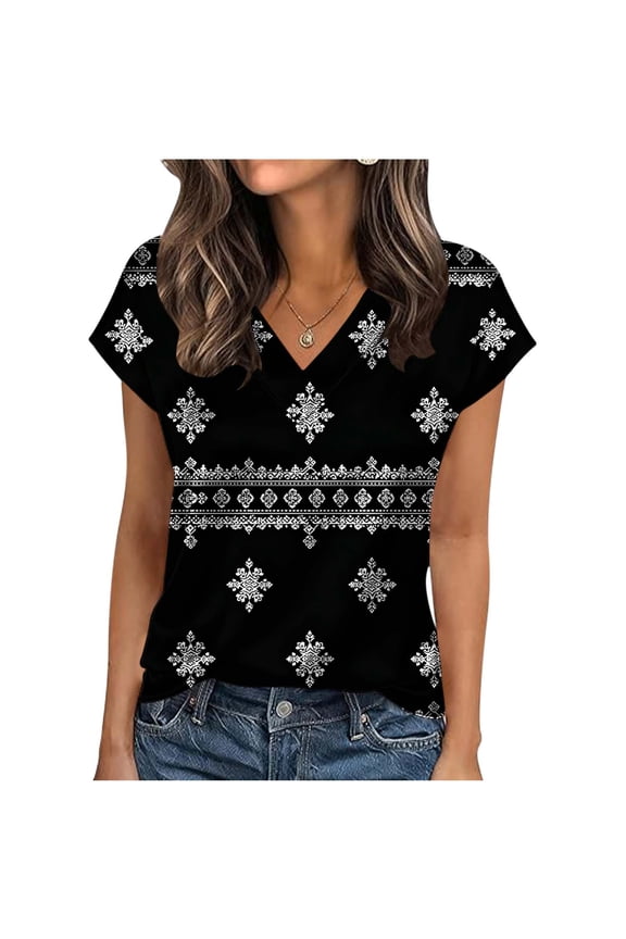 Shirts for Women V-Neck Boho Floral Printed Loose Comfy T-Shirts Blouse Tops Pullover Black 3XL