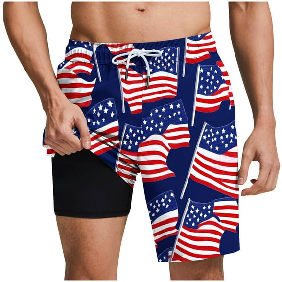 DeHolifer Shorts for Men Independence Day Strip Printed Elastic Waist Summer Beach Loose Comfy Shorts Red 2XL