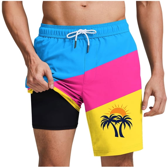 DeHolifer Shorts for Men Plus Size Drawstring Elastic Waisted Palm Graphic Printed Summer Trendy Comfy Shorts Yellow S