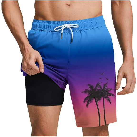 QQAMB Shorts for Men Plus Size Elastic Waisted Gradient Color Palm Graphic Printed Loose Comfy Shorts Blue 3XL