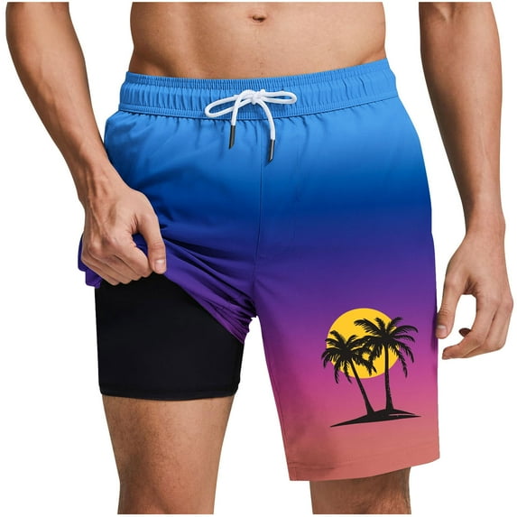DeHolifer Shorts for Men Plus Size Elastic Waisted Gradient Color Palm Graphic Printed Loose Comfy Shorts Blue S