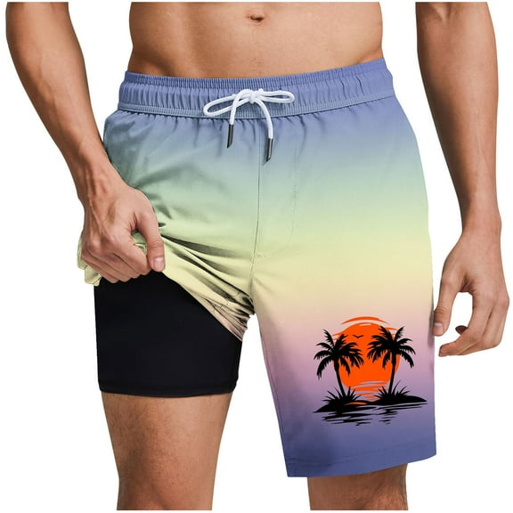 QQAMB Shorts for Men Plus Size Gradient Color Palm Printed Drawstring Elastic Waist Summer Loose Comfy Shorts with Pocket Multicolor 3XL